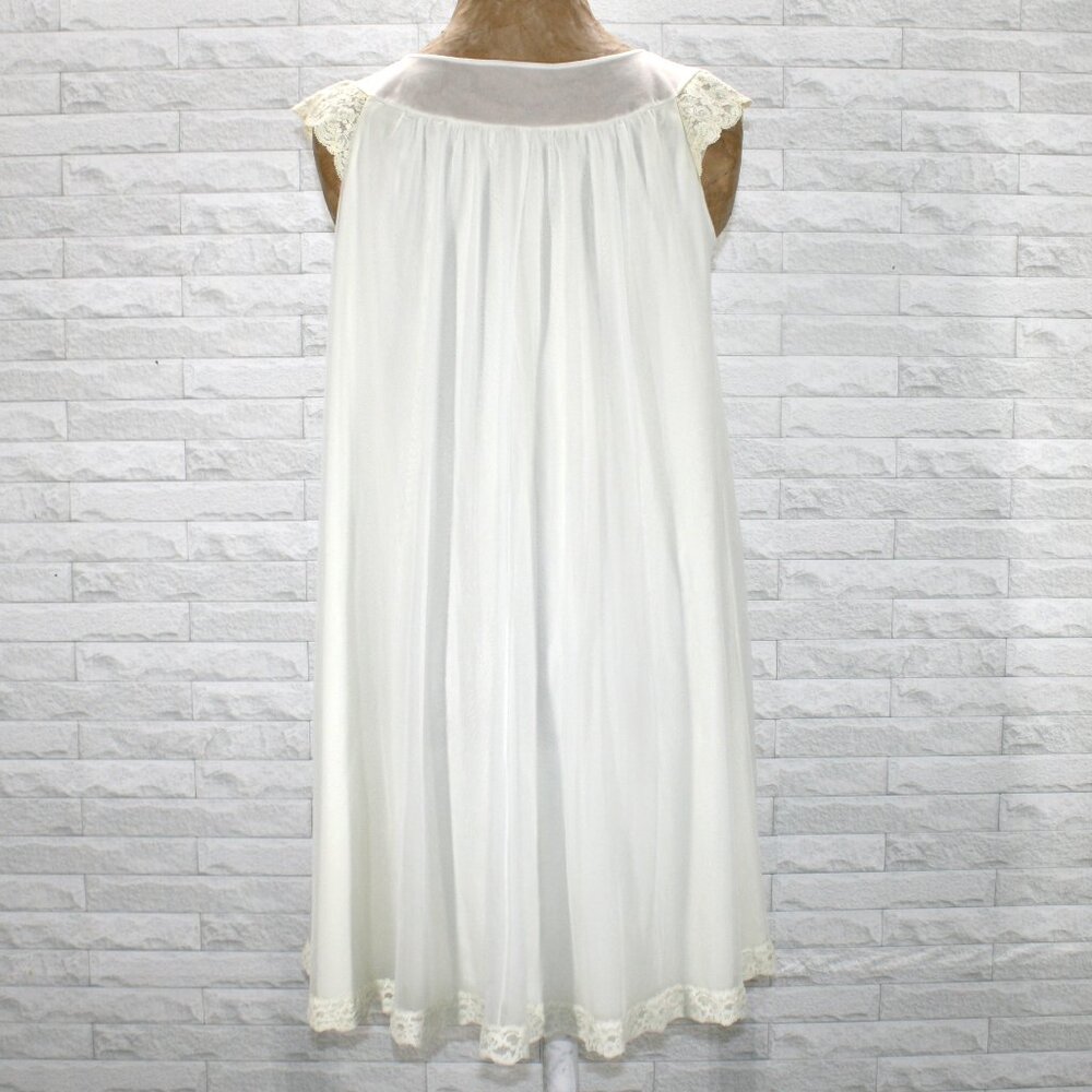 VINTAGE Nightgown Chemise Negligee Sheer Chiffon Layered Lace Appliques White L - Picture 4 of 14